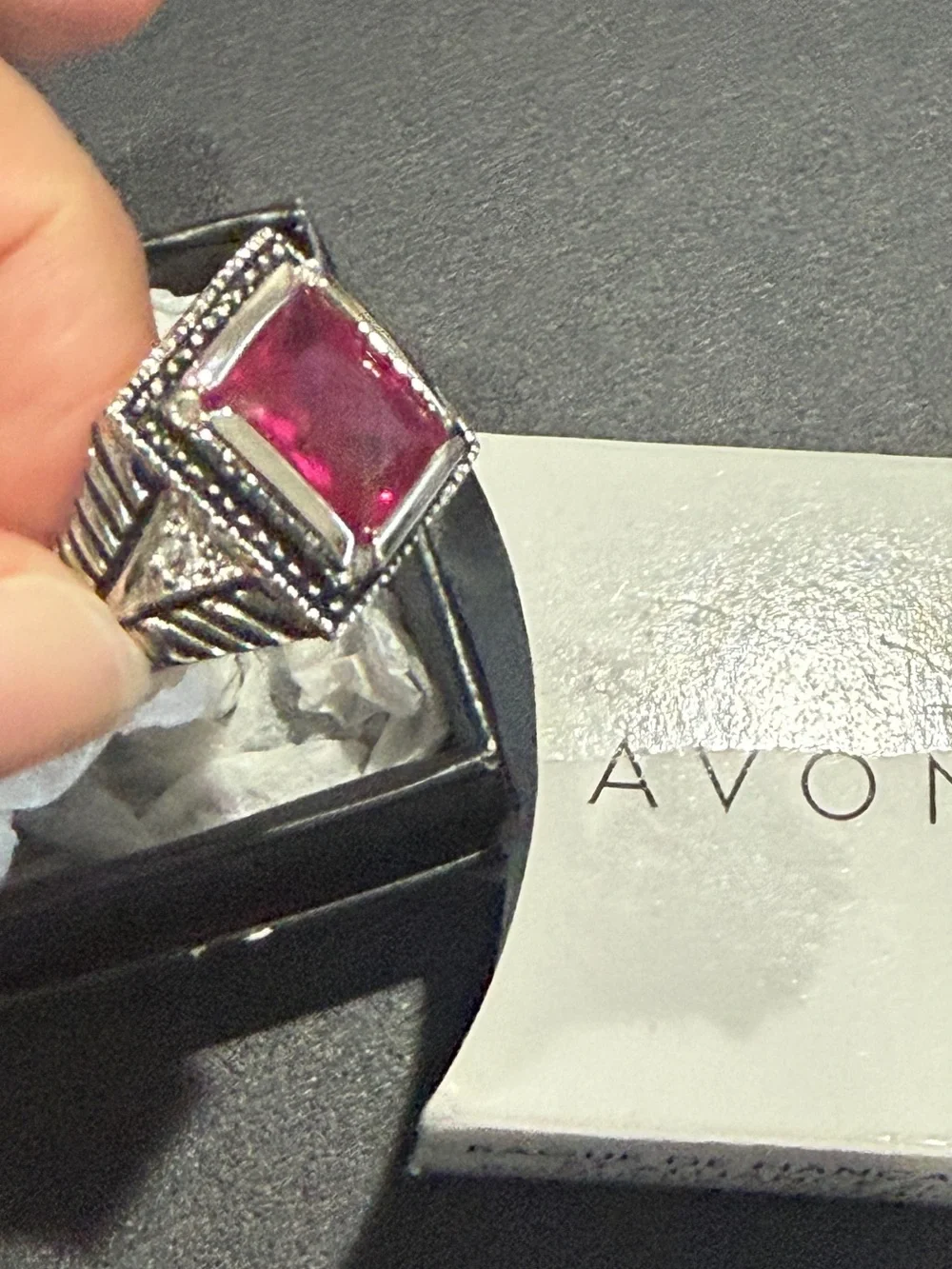 Avon Women’s CZ Sterling Silver Vintage-Style Pink Red Gemstone Statement Ring
